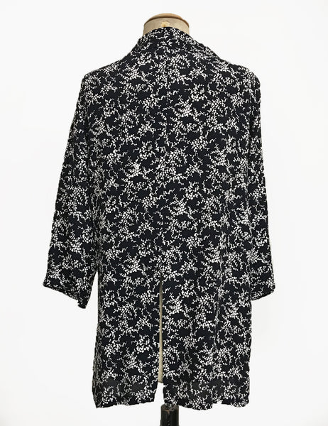 Black & White Bougainvillea Floral Flyaway Button Up Tunic Top
