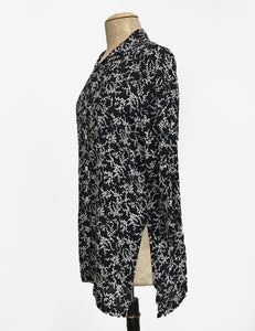Black & White Bougainvillea Floral Flyaway Button Up Tunic Top