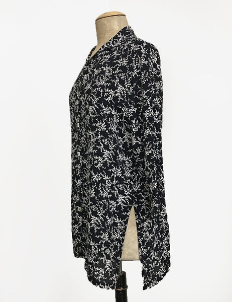 Black & White Bougainvillea Floral Flyaway Button Up Tunic Top