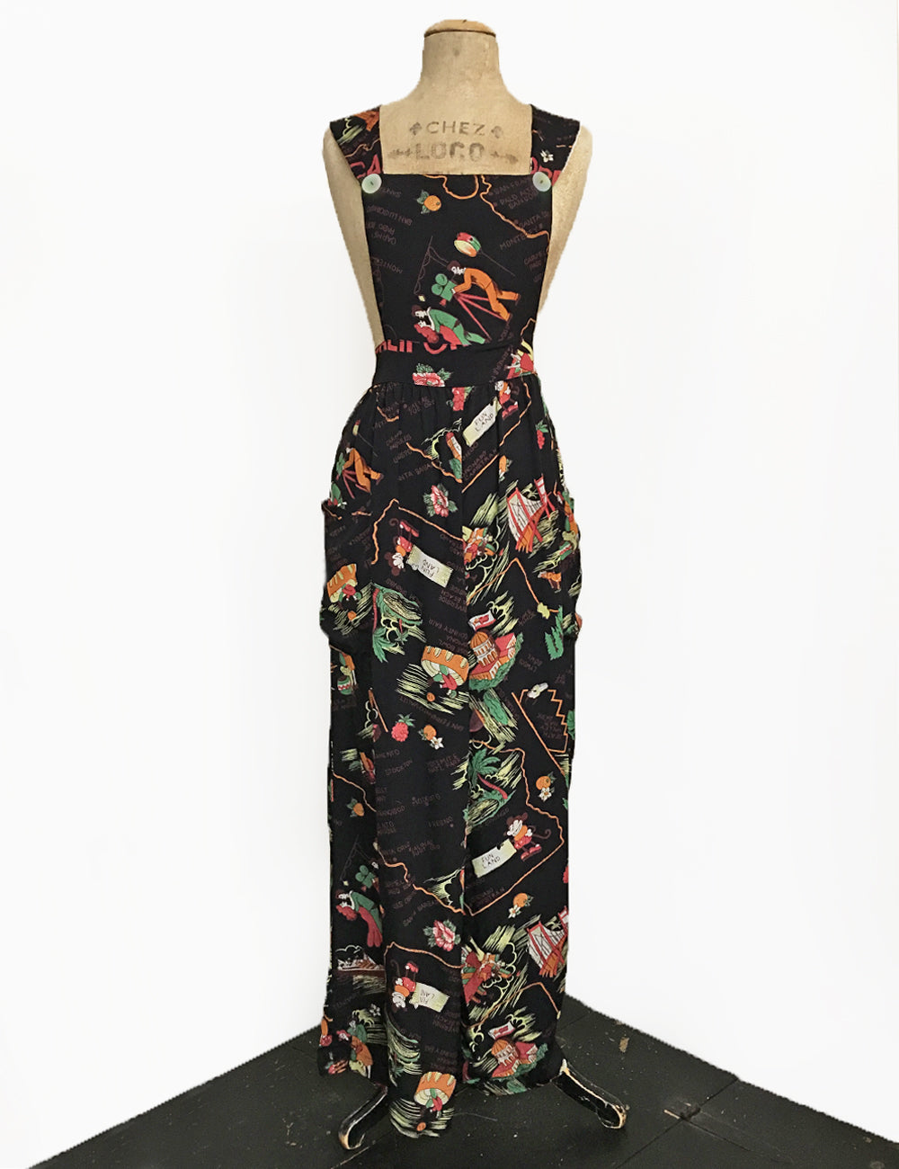 Black California Map Print Rosie 1940s Style Bib Overalls