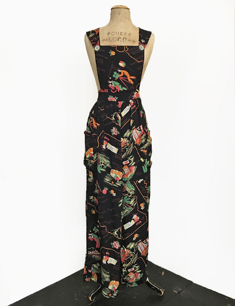 Black California Map Print Rosie 1940s Style Bib Overalls