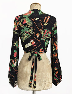 Black California Map Print Vintage Inspired Babaloo Wrap Top