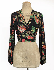Black California Map Print Vintage Inspired Babaloo Wrap Top