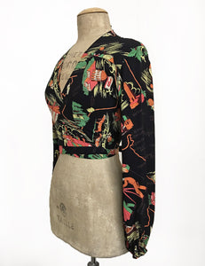 Black California Map Print Vintage Inspired Babaloo Wrap Top