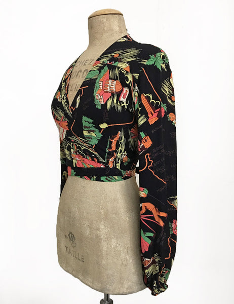 Black California Map Print Vintage Inspired Babaloo Wrap Top