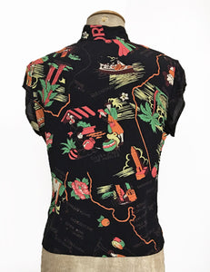 Black California Print 1930s Style Mandarin Collar Tea Timer Top