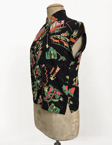 Black California Print 1930s Style Mandarin Collar Tea Timer Top