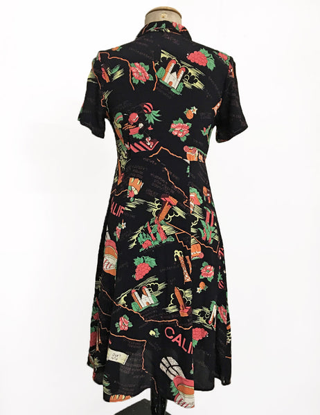 Black California Map Print Short Sleeve Knee Length Vintage Day Dress