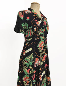 Black California Map Print Short Sleeve Knee Length Vintage Day Dress