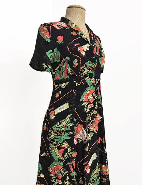 Black California Map Print Short Sleeve Knee Length Vintage Day Dress