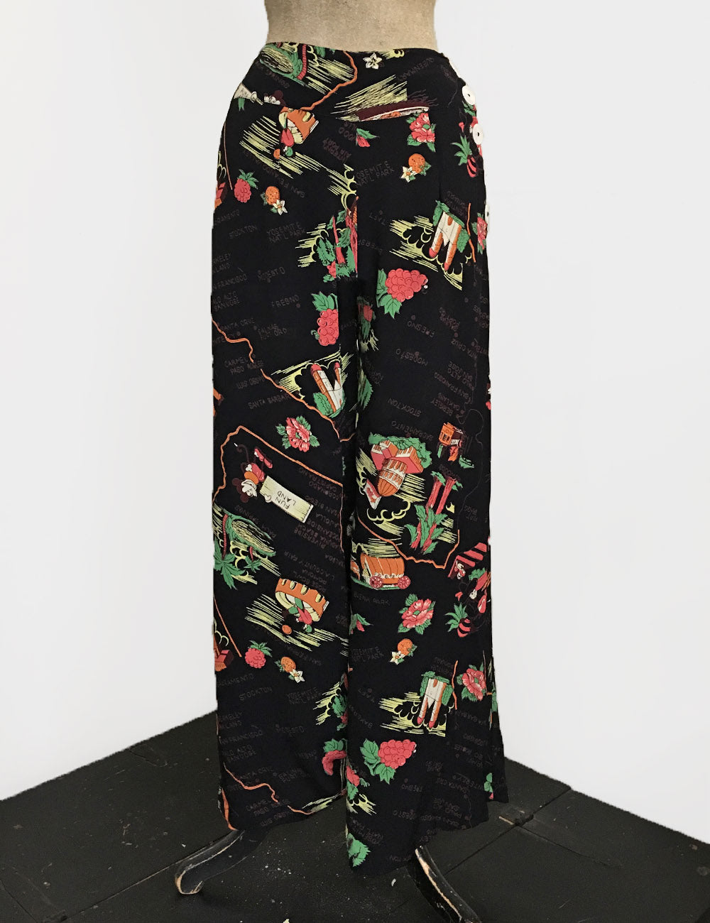 Black California Map Print 1940s High Waisted Palazzo Pants