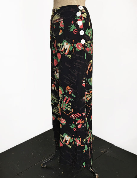 Black California Map Print 1940s High Waisted Palazzo Pants
