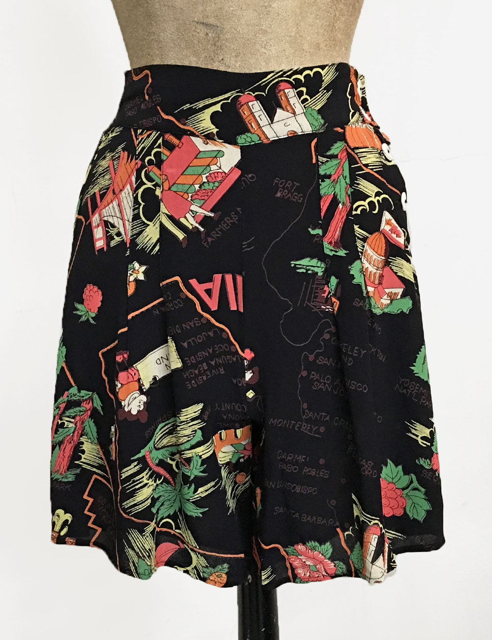 Black California Map Print High Waisted Vintage Inspired Shorts