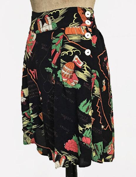Black California Map Print High Waisted Vintage Inspired Shorts