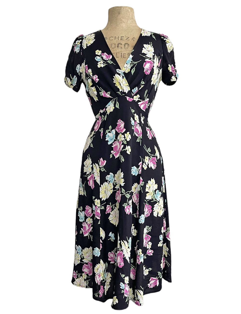 Black 1940s Candy Floral Knee Length Rita Dress