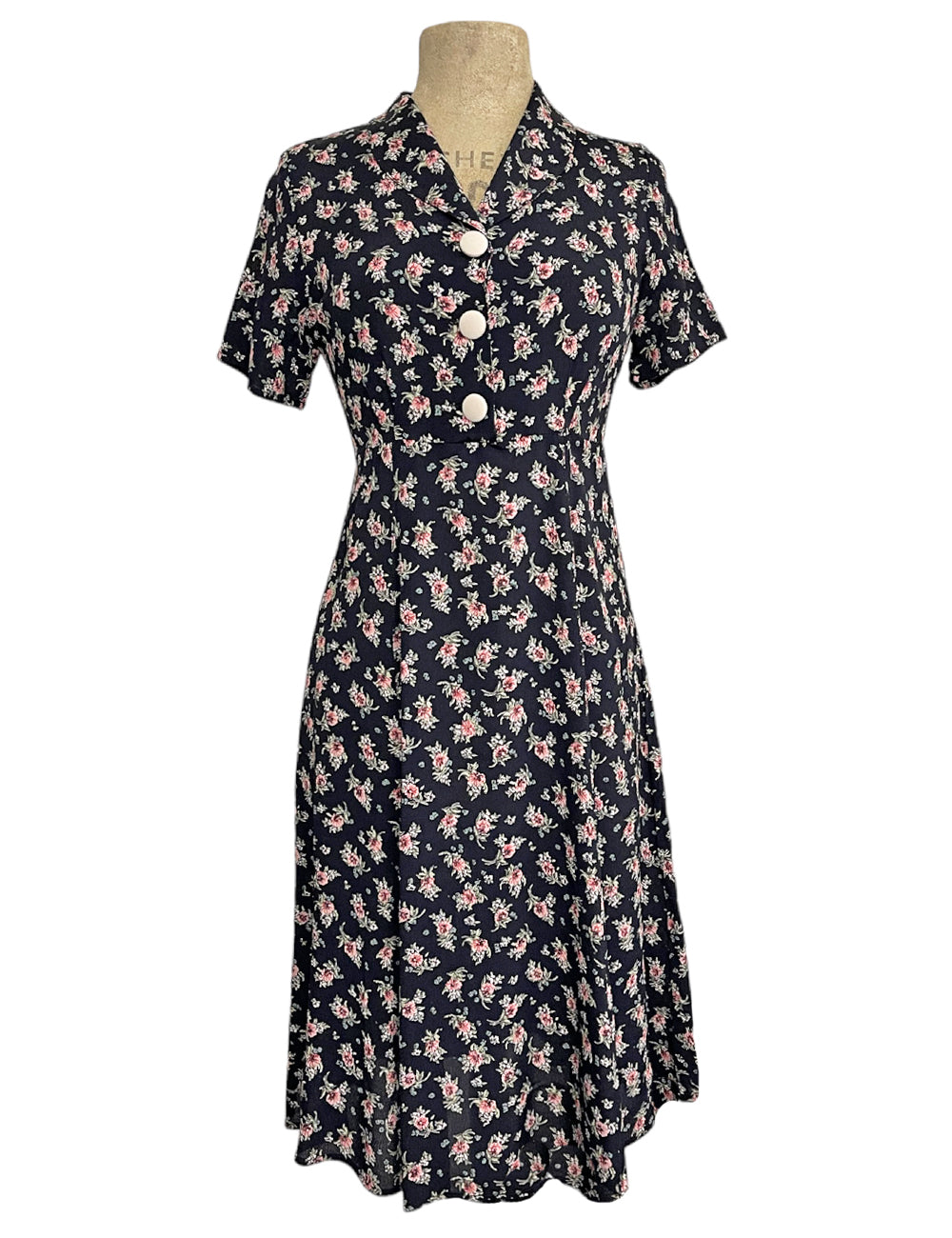 Black Corsage Floral 1940s Style Vintage Day Dress