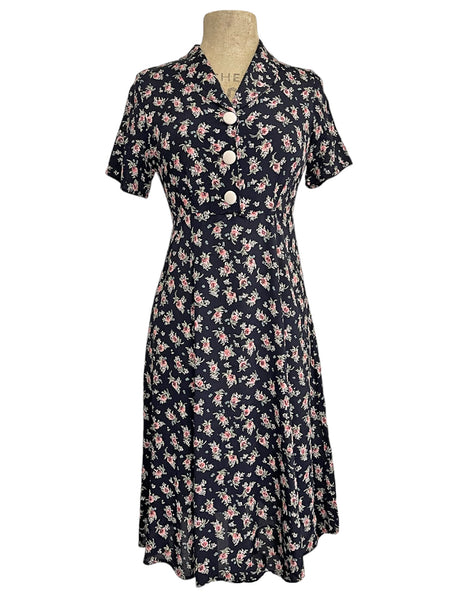 Black Corsage Floral 1940s Style Vintage Day Dress