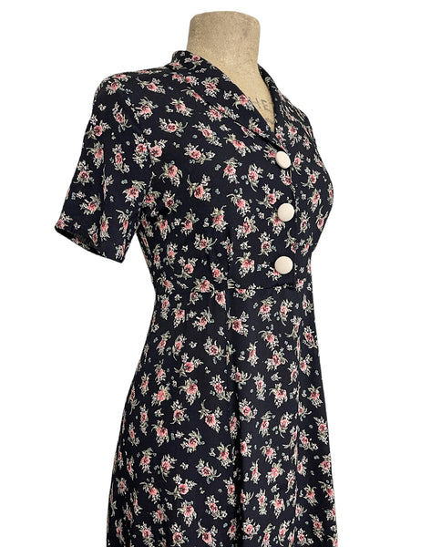 Black Corsage Floral 1940s Style Vintage Day Dress