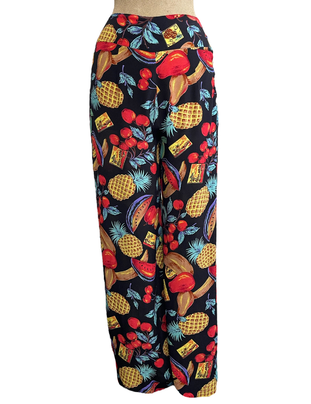 Black Farmers Market Fruit Print High Waisted Palazzo Pants