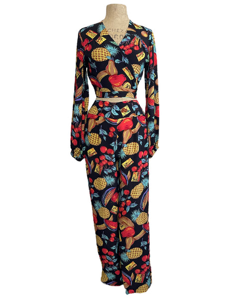 Black Farmers Market Fruit Print High Waisted Palazzo Pants