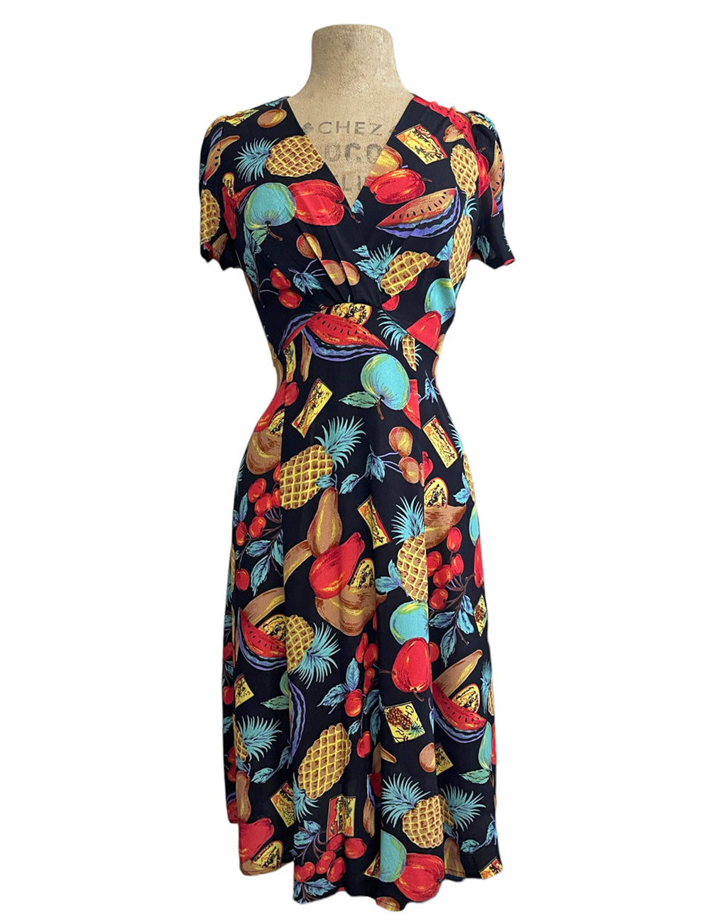 Black Farmers Market Fruit Print Retro Knee Length Rita Dress