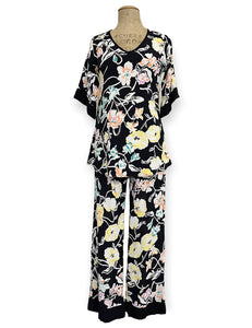 Black Nouveau Floral 1930s Style Louise Lounge Capri Pant