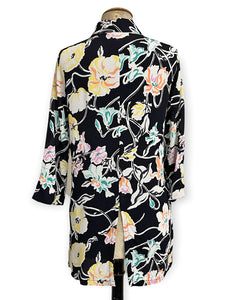 FINAL SALE - Black Nouveau Colorful Floral Flyaway Button Up Tunic Blouse