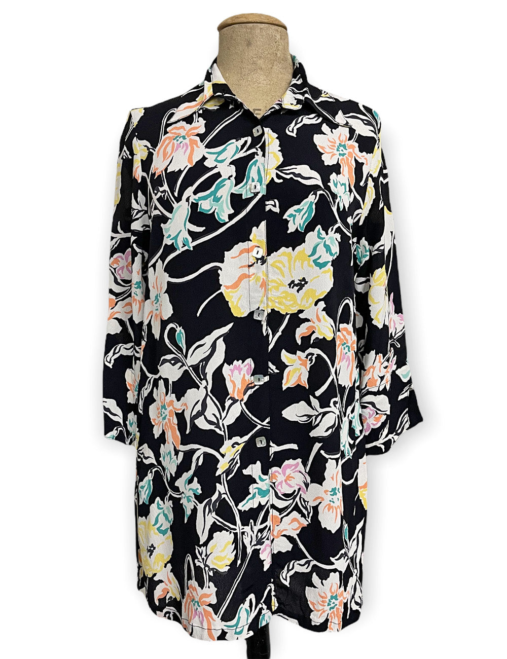 FINAL SALE - Black Nouveau Colorful Floral Flyaway Button Up Tunic Blouse