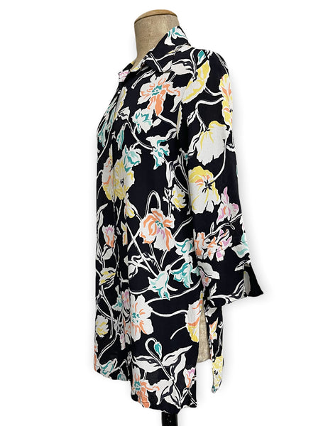 FINAL SALE - Black Nouveau Colorful Floral Flyaway Button Up Tunic Blouse