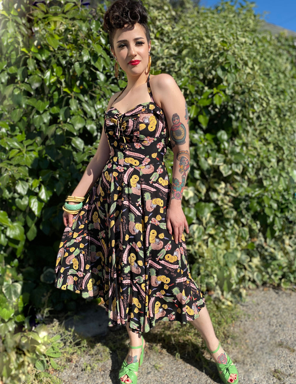 Black & Colorful Pineapple Princess 1940s Inspired Marta Halter Swing Dress