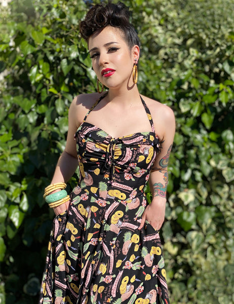 Black & Colorful Pineapple Princess 1940s Inspired Marta Halter Swing Dress