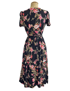 Black, Pink & Red Vine Floral Retro Rita Knee Length Dress
