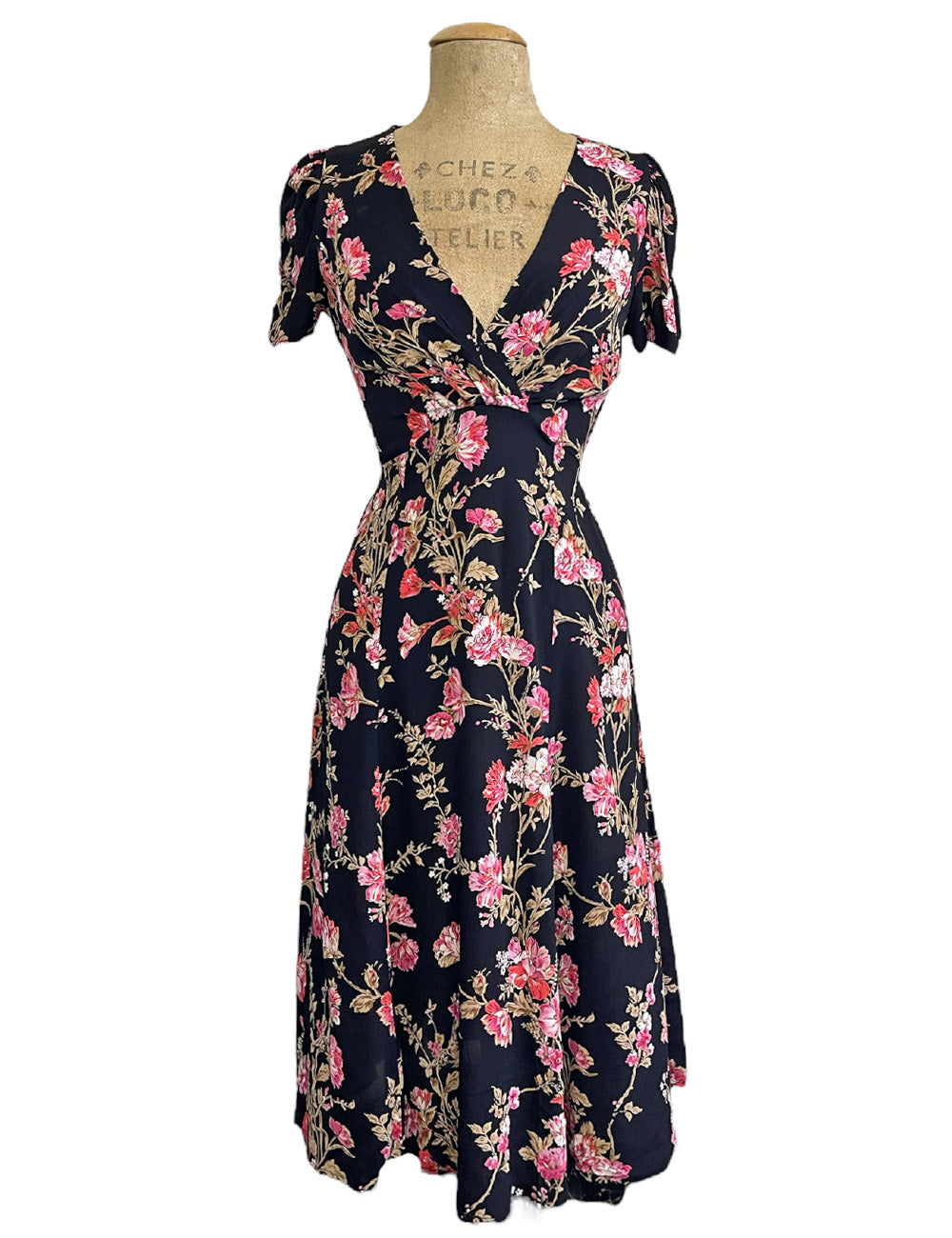 Black, Pink & Red Vine Floral Retro Rita Knee Length Dress