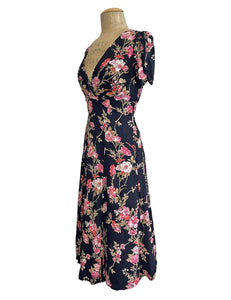 Black, Pink & Red Vine Floral Retro Rita Knee Length Dress