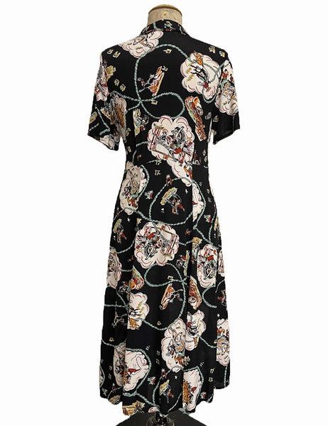 Black & Mint Western Print Short Sleeve Vintage Day Dress
