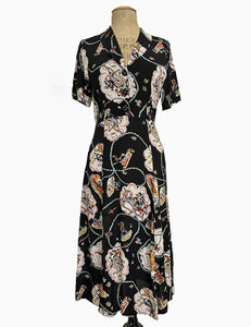 Black & Mint Western Print Short Sleeve Vintage Day Dress