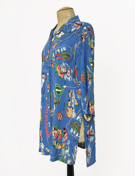Pacific Blue Exclusive California Map Print Button Up Frankie Flyaway Top