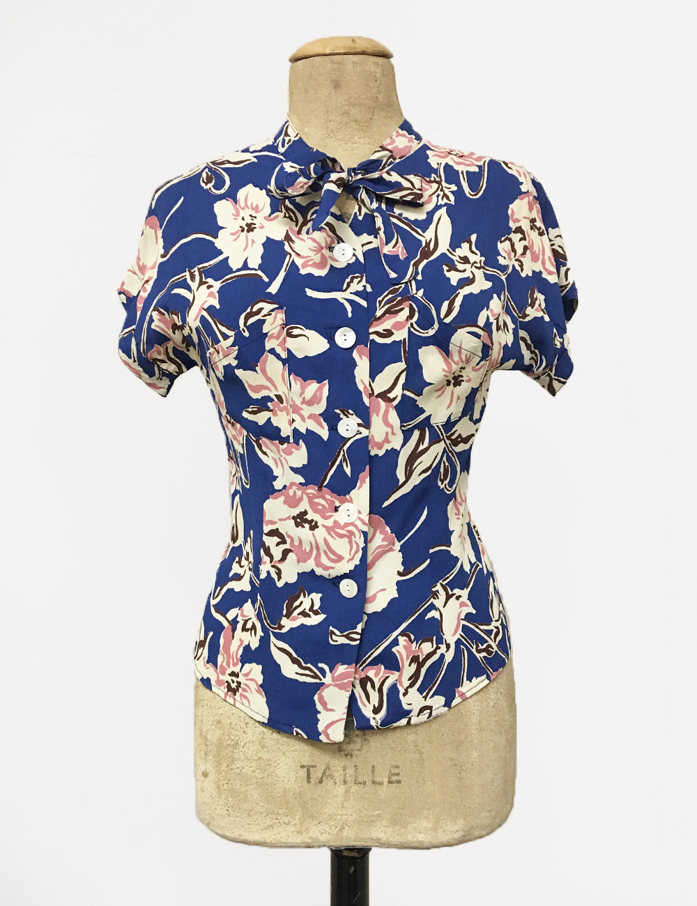 Blue Deco Floral Print 1940s Style Amanda Tie Blouse - FINAL SALE