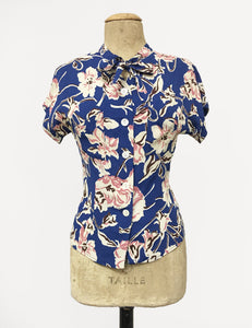 Blue Deco Floral Print 1940s Style Amanda Tie Blouse - FINAL SALE