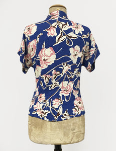 Blue Deco Floral Print 1940s Style Amanda Tie Blouse - FINAL SALE