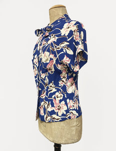 Blue Deco Floral Print 1940s Style Amanda Tie Blouse - FINAL SALE