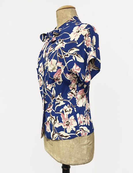 Blue Deco Floral Print 1940s Style Amanda Tie Blouse - FINAL SALE