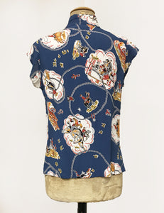 Denim Blue Vintage Western Print Mandarin Collar Tea Timer Top