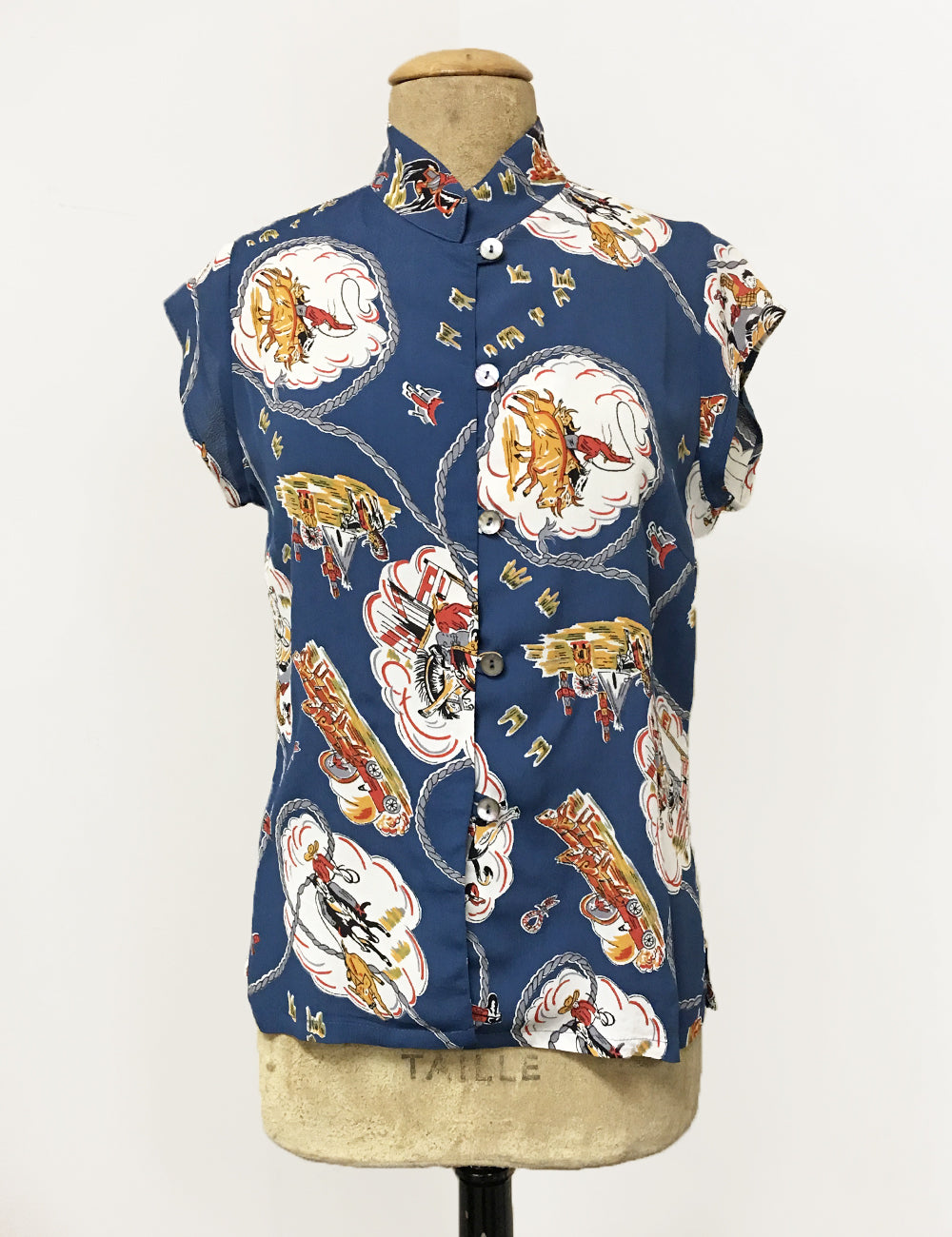 Denim Blue Vintage Western Print Mandarin Collar Tea Timer Top