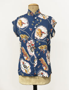 Denim Blue Vintage Western Print Mandarin Collar Tea Timer Top