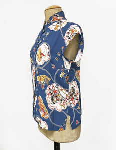 Denim Blue Vintage Western Print Mandarin Collar Tea Timer Top