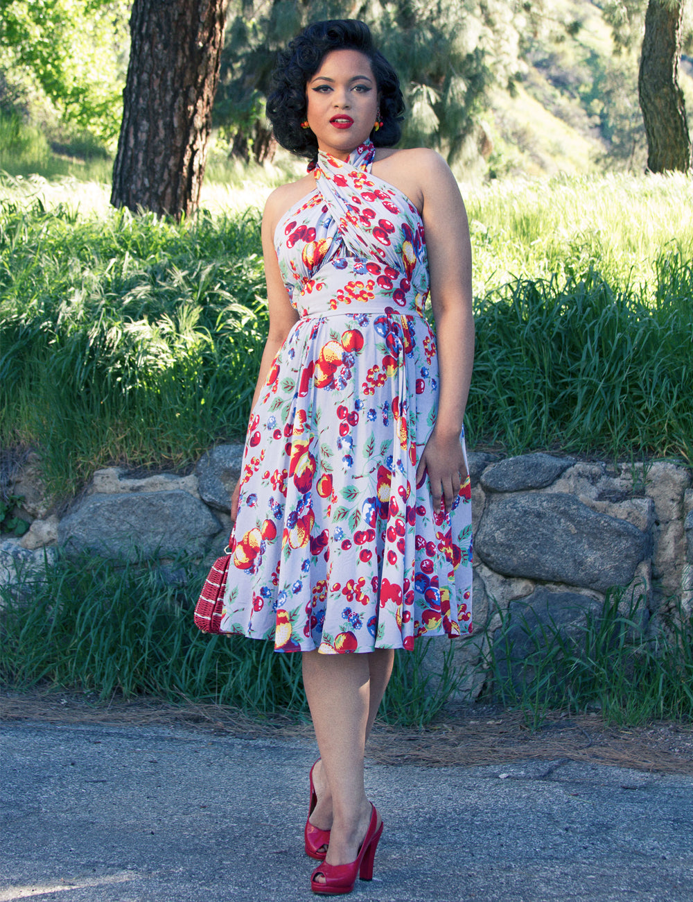 Doris Mayday for Loco Lindo - Blue Fruit Cocktail Mayday Halter Swing Dress
