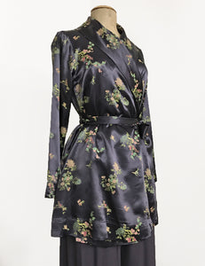Stone Grey Printed Satin 1930s Style Shawl Collar Kimono Robe