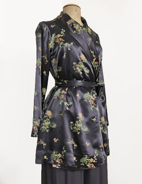 Stone Grey Printed Satin 1930s Style Shawl Collar Kimono Robe