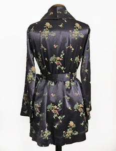 Stone Grey Printed Satin 1930s Style Shawl Collar Kimono Robe